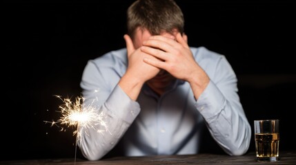 A guy has terrible hangover. A frustrated man with headache sitting at a table with a sparkler and a glass of alcohol in front of him. Sad after drinking too much wine or vodka