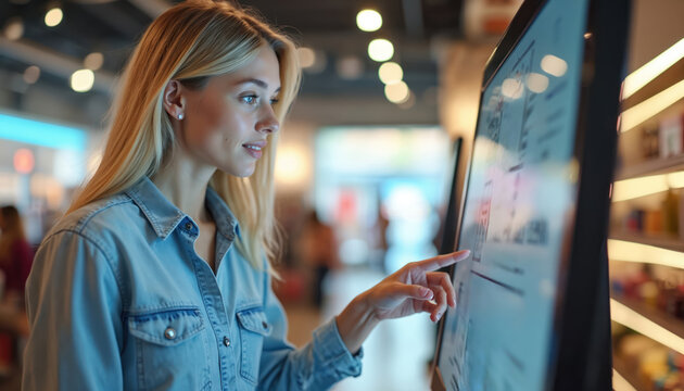 Young woman interacts with digital touch screen terminal inside modern shop. Blonde girl uses interactive display for info, shopping, browsing. Customer seeks product data.