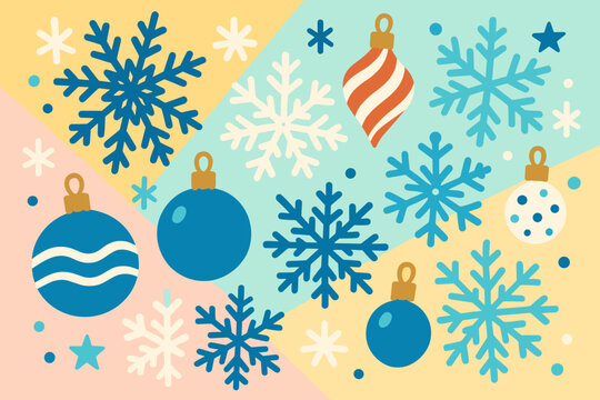 Festive Snowflake Arrangement. Playful arrangement of blue and white snowflakes with festive ornaments placed on a vector