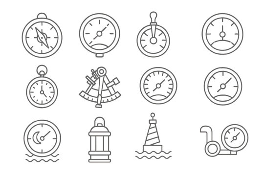 Marine Navigation Icons. Line style icons of marine navigation: ship compass, depth gauge, engine telegraph, rudder angle