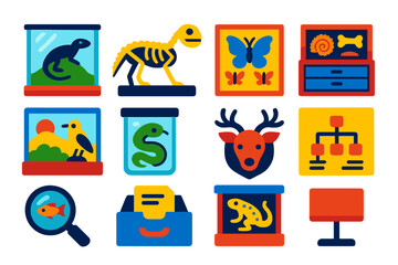 Vintage Zoological Icons. Flat vector icons of Vintage Zoological Museums: display case, animal skeleton, pinned butterfly board,