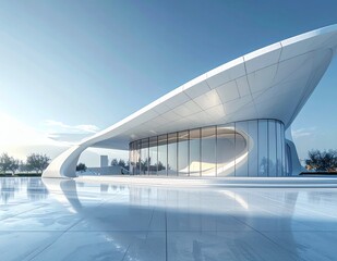 Modern Architectural Marvel with Reflective Pool Under a Clear Sky.