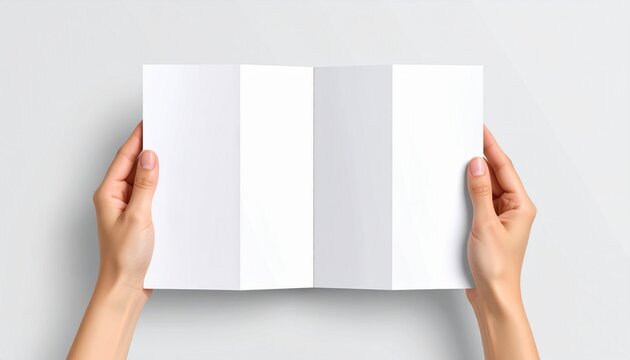 Hands holding blank brochure, clean and simple a4 z, fold mock, up design