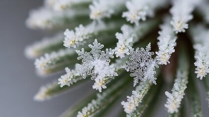 Close-up of snowflakes on evergreen needles, winters icy beauty.