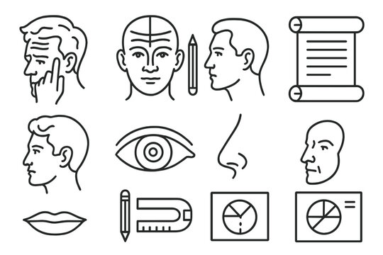 Ancient Physiognomy Icons. Line style icons of Historical Physiognomy: Forehead Wrinkle Reading, Face Mapping, Character