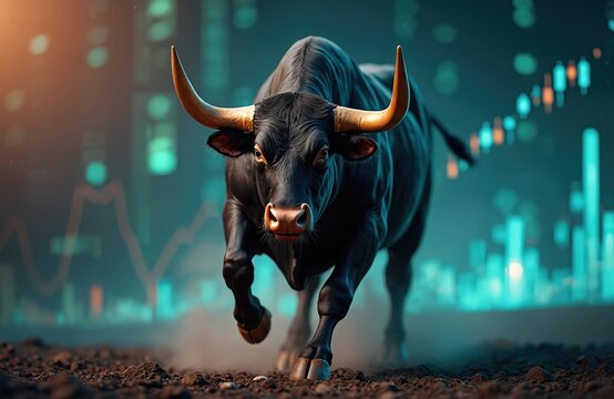 Black bull runs over ground with finance chart behind it. Animal symbolizes bull market, investment trading. Growth, success, profit, forecasting and financial power concept for business articles.