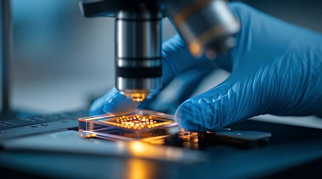 A scientific image showing a close-up of a laboratory experiment. A microscope is focused on a glass structure with glowing lights, a gloved hand is present