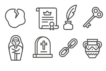 Archaeological Icons Collection. Line style icons of Archaeological Discovery: Broken Seal, Royal Decree, Tomb, Forgotten Lineage;