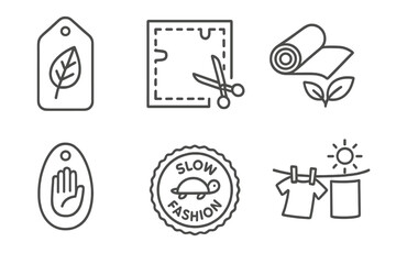 Fototapeta premium Sustainable Textile Icons. Line style icons of Sustainable Textile Practices: plant-based dye label, zero waste cloth cut,