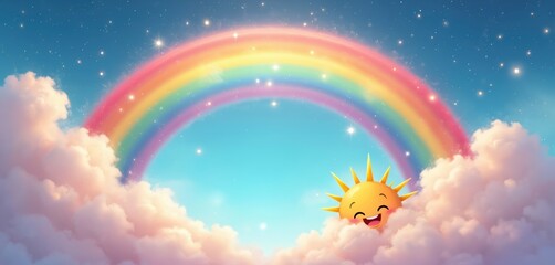 Cartoon scene shows smiling sun with rainbow and fluffy clouds. Bright sky with stars. Kids illustration in cheerful color and dreamy mood. Happy sunshine character in sky.