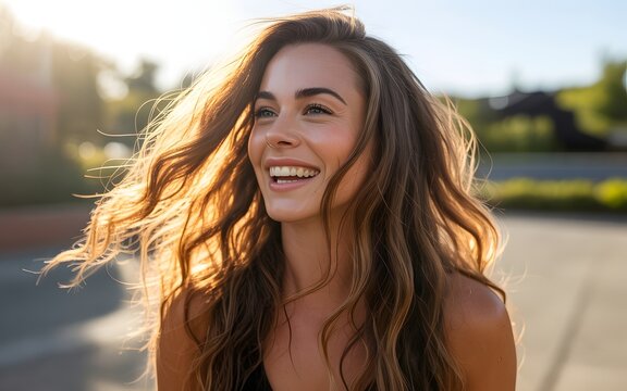 Beautiful young woman smiling with radiant joy, long flowing hair glowing in golden sunlight, cheerful outdoor portrait, natural beauty, carefree lifestyle, positive energy, bright summer day, happ