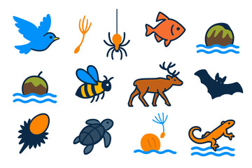 Fototapeta premium Species Dispersal Icons. Flat vector icons of species dispersal: flying bird, wind-blown seed, drifting spider balloon, swimming
