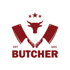 butcher shop logo with cleavers and bull head, vintage meat store emblem