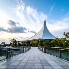 Modern Architecture and Skywalk at Sunset.