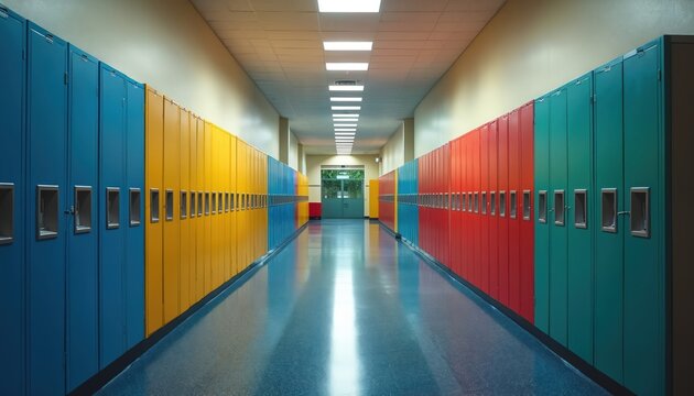 Empty school corridor interior with colorful lockers. Perspective view of hallway with door. Nobody around. School is over, time to go home. Education concept. Back to school theme.