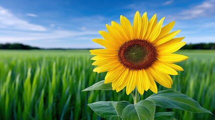Close-up of a vibrant sunflower in full bloom against a backdrop of a green field and a clear blue sky. The image captures the beauty of nature and the sunny da