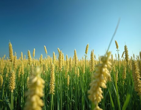 Golden millet field under clear blue sky. Tall stalks of grain crop grow tall. Natural landscape with healthy plant growth, farm agriculture, rural environment summer harvest.