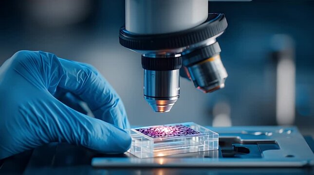 A close-up view of a lab scene. A microscope is focused on a slide held by a gloved hand. The lighting creates a scientific atmosphere