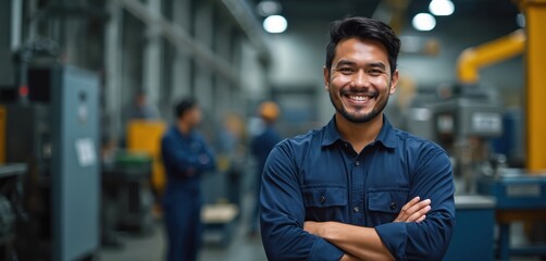 Smiling man with crossed arms in factory setting. Industrial background with blurred coworkers and machinery. Confident worker in blue shirt posing.