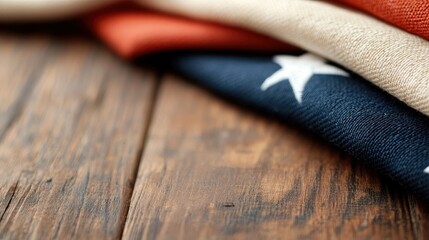 Close-up of the American flag fabric with stars and stripes, resting on a rustic wooden table. The focus is on the textures and details.