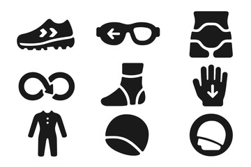 Reverse Running Gear Icons. Solid style icons of reverse running gear: specially treaded shoe icon, rear-view glasses badge, back