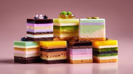 Elegant Pyramid of Colorful, Multi-Layered Gourmet Cube Desserts on a Mauve Background.