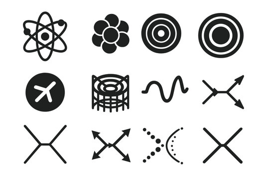 Solid Particle Icons. Solid style icons of particle physics: atom with orbit, proton-neutron cluster, particle collision burst,