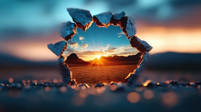 This captivating image features a cracked wall that reveals a stunning landscape at sunset, signifying hope and new beginnings through the nature's beauty contrasting with barriers.
