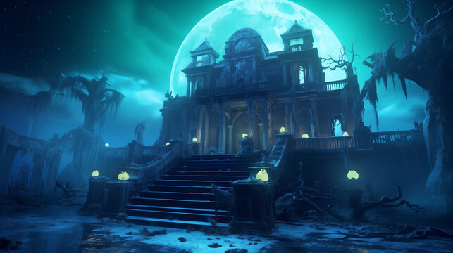 Eerie haunted mansion under a glowing full moon with spooky trees, creating a mysterious gothic Halloween atmosphere at night for horror and fantasy themes. - Powered by Adobe