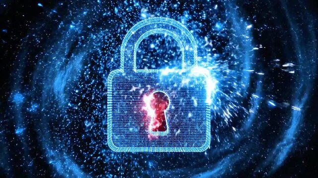 Digital lock composed of glowing blue dots, against a black background, representing security
