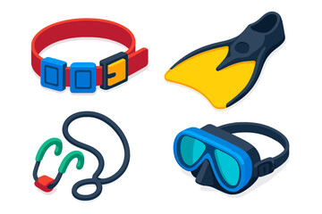 Bold Diving Gear Icons. Isometric vector illustration set Underwater diving gear &ndash; freedive weight belt, quick-release buckle,