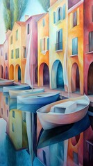 An artistic painting of boats floating in a canal, reflecting colorful buildings. The scene evokes a sense of tranquility and vibrant beauty.