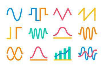 Colorful Waveform Icons. Flat vector icons of Waveforms: sine wave, square wave, triangular wave, sawtooth wave, pulse signal,