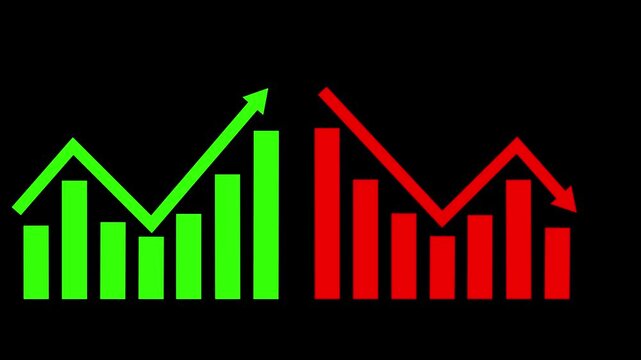 Business graph going down and up sign with green and red arrows. Bar chart symbol icon with arrow moving down and sales bar chart with arrow moving up.