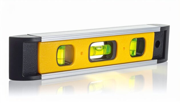 Level tool with two bubble vials resting on a reflective surface for precise measurements and alignment tasks