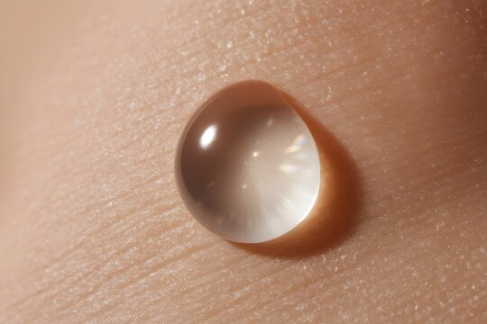 Macro shot of clear water droplet on human skin texture, showing hydration, moisture, skincare, healthy beauty, dermatology, cosmetic concept, scientific detail, light refraction