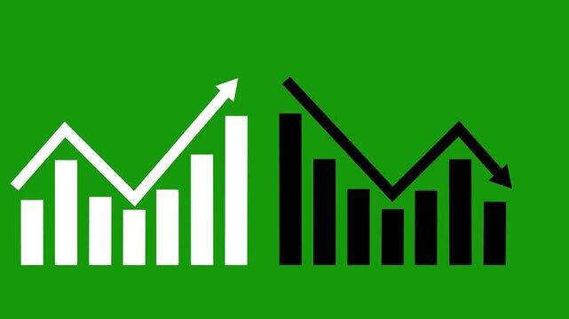 Business graph going down and up sign arrows. Bar chart symbol icon with arrow moving down and sales bar chart with arrow moving up.