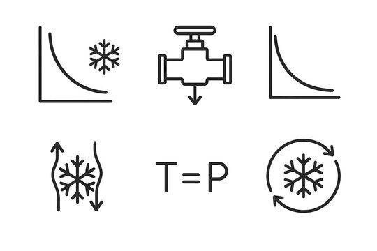 Cryogenic Thermodynamics Icons. Line style icons of cryogenic thermodynamics: entropy cooling chart, Joule-Thomson valve icon,