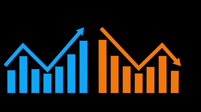 Business graph going down and up sign arrows. Bar chart symbol icon with arrow moving down and sales bar chart with arrow moving up.