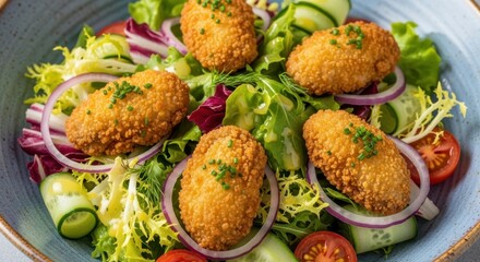 Crispy fried cheese medallions served over a vibrant mixed green salad with fresh vegetables in a