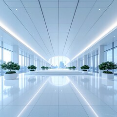 Modern minimalist office lobby with bright white interior and potted plants, creating a serene and professional atmosphere.