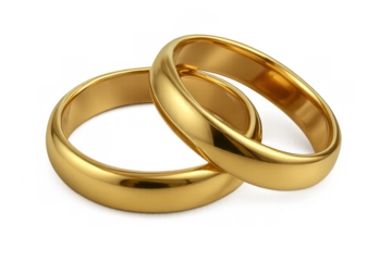 Intertwining gold wedding bands symbolizing marriage, love, and commitment on a transparent background