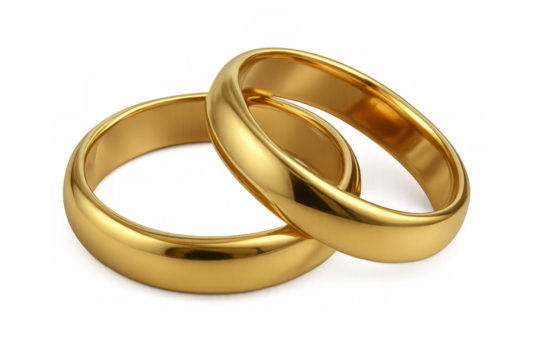 Intertwining gold wedding bands symbolizing marriage, love, and commitment on a transparent background
