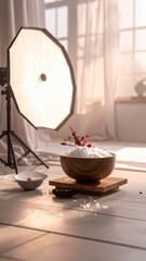 Professional Food Photography Setup with Softbox and Bowl of Berries.