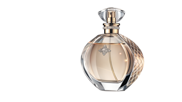 “Luxury perfume bottle with soft light reflections, transparent background”