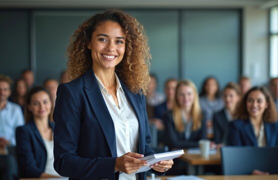 Smiling young businesswoman speaker holds notebook, looks at camera. Leads dynamic business training session for diverse corporate attendees. Listen intently in modern conference room. Pro instructor