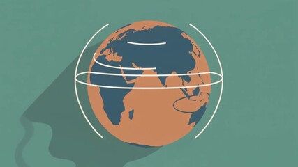 Stylized flat design illustration of planet Earth with abstract orbital lines, representing global connectivity and a worldwide perspective