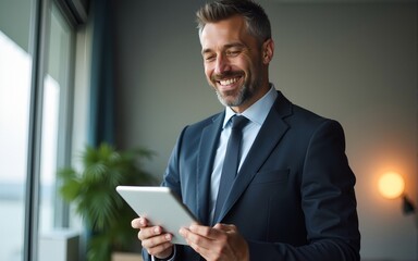 Happy middle aged business man ceo wearing suit standing in office using digital tablet. High quality