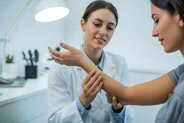 Fototapeta premium Female doctor examining patient's arm, medical consultation, healthcare, wellness, professional diagnostic care, clinic visit, health check, injury assessment, modern hospital, light blue, white