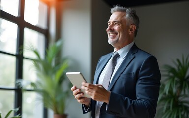 Happy middle aged business man ceo wearing suit standing in office using digital tablet. Smiling mature businessman professional executive manager looking away thinking working on tech device.